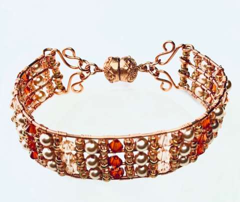Autumn Bracelet Necklace by Corey Milliren ©2019, Wire Work, Seed Beads, Swarovski Crystal, Copper wire, Copper Findings