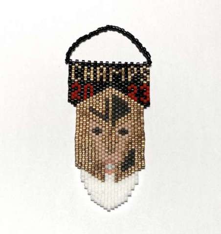 Golden Knights Santa by Lori Ahlin©2023, Beaded Ornament, Delica beads, Beads, Golden Knights, Vegas Golden Knights, Beaded Ornament Class, Vegas Golden Knights Champs, 2023 Hockey Champions, Santas Around the World, Beaded Santa, Miyuki Beads, Christmas 