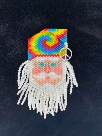 Santa of the 70’s by Lori Ahlin©2021, Santas Around the World, Beaded Santa, Delica beads, Beads, Christmas Ornament, Beaded Christmas Ornament, 70’s Ornament, Beaded Santa Class, Santa with Tie Dye, Santa Hippie