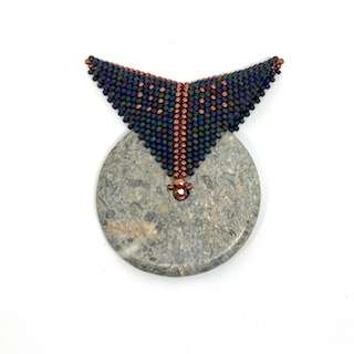 Spinning Wheel Pendant by Cindy Johnson ©2026, Bead weaving, Peyote stitch, Warped square